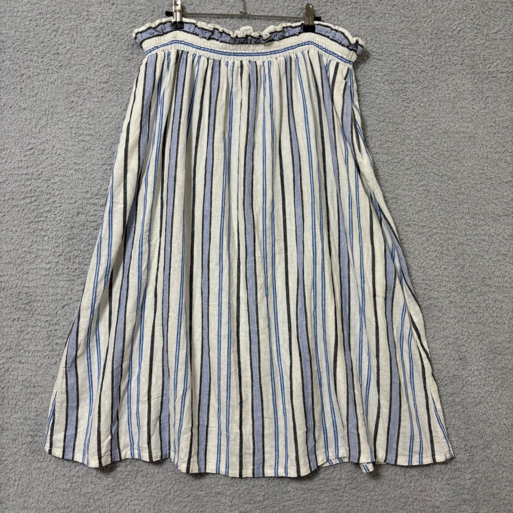 Coastal Linen Blend Stripe Midi Skirt Pockets Vacation Relaxed Plus Size XXL